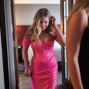 Johnathan Kayne Neon Pink Sequin Prom Gown